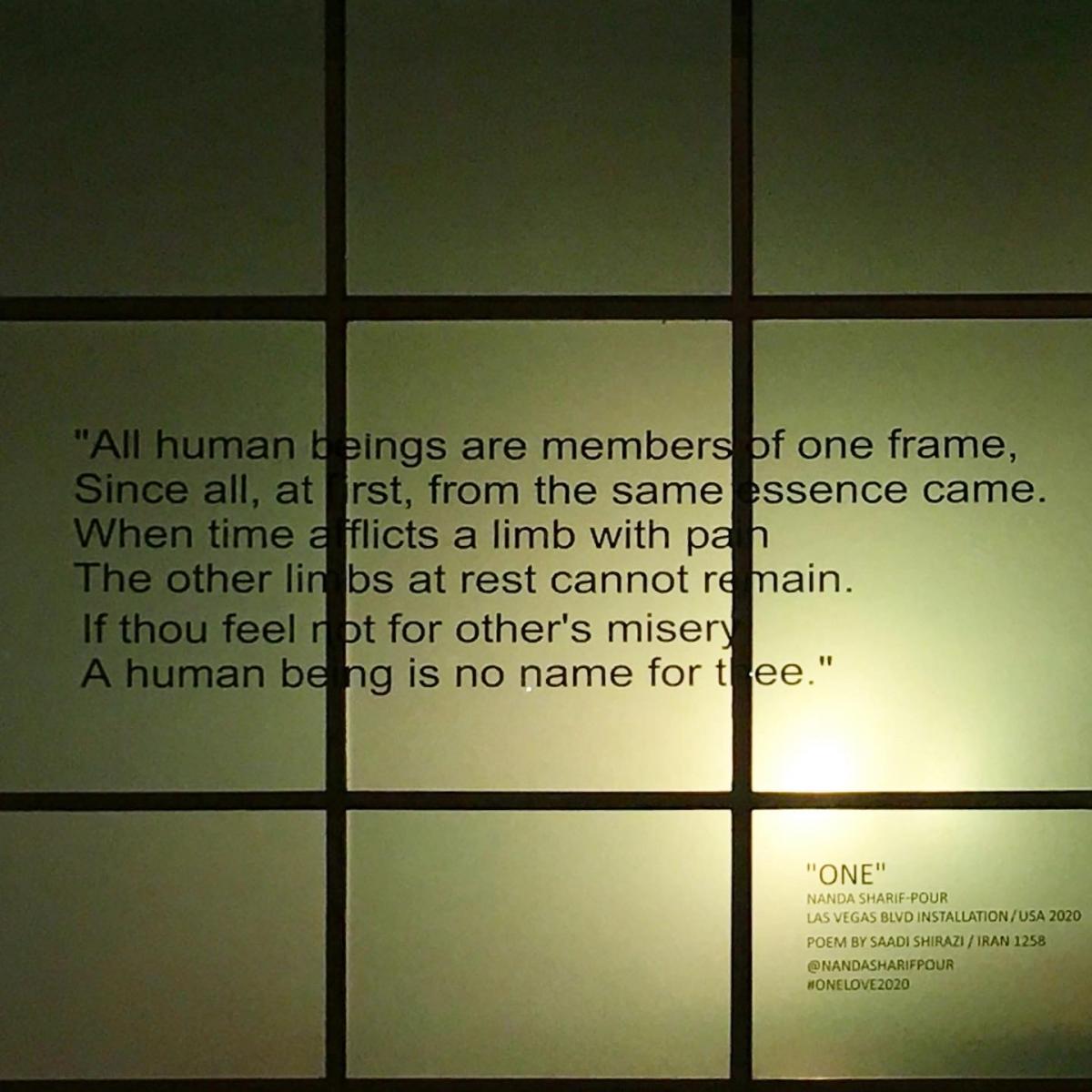 ONE, a light installation by Nanda Sharif-pour, featuring Bani Adam by Saadi Shirazi with English and Farsi, SOHO Lofts, Las Vegas, curated by Laura Henkel, ArtCulture PR