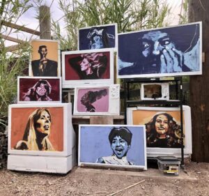 “Sirens of Soul” installation utilizing discarded flatscreen and vintage TVs by Kirsty Nicoll at Villa Anita. Photo courtesy of Villa Anita